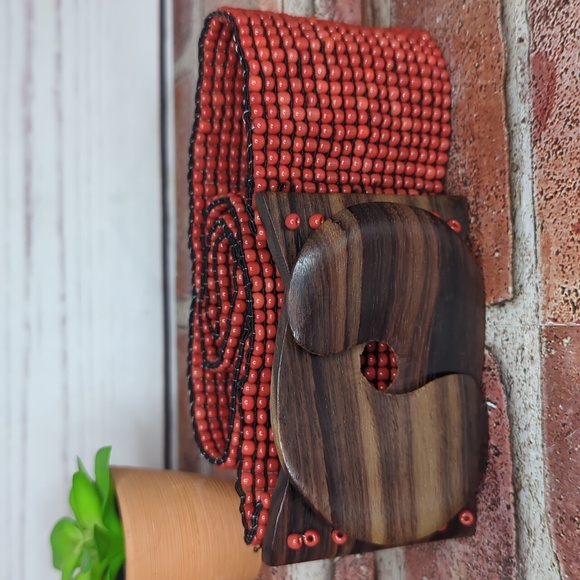 Vtg Glass Bead Wood Stretchy Elastic Belt Burnt Orange‎ Belt Women OS Bohemian main image 12